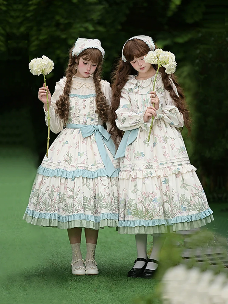 With PUJI - Oriole Time - Country Lolita JSK and OP Dress, Floral and Bird Print