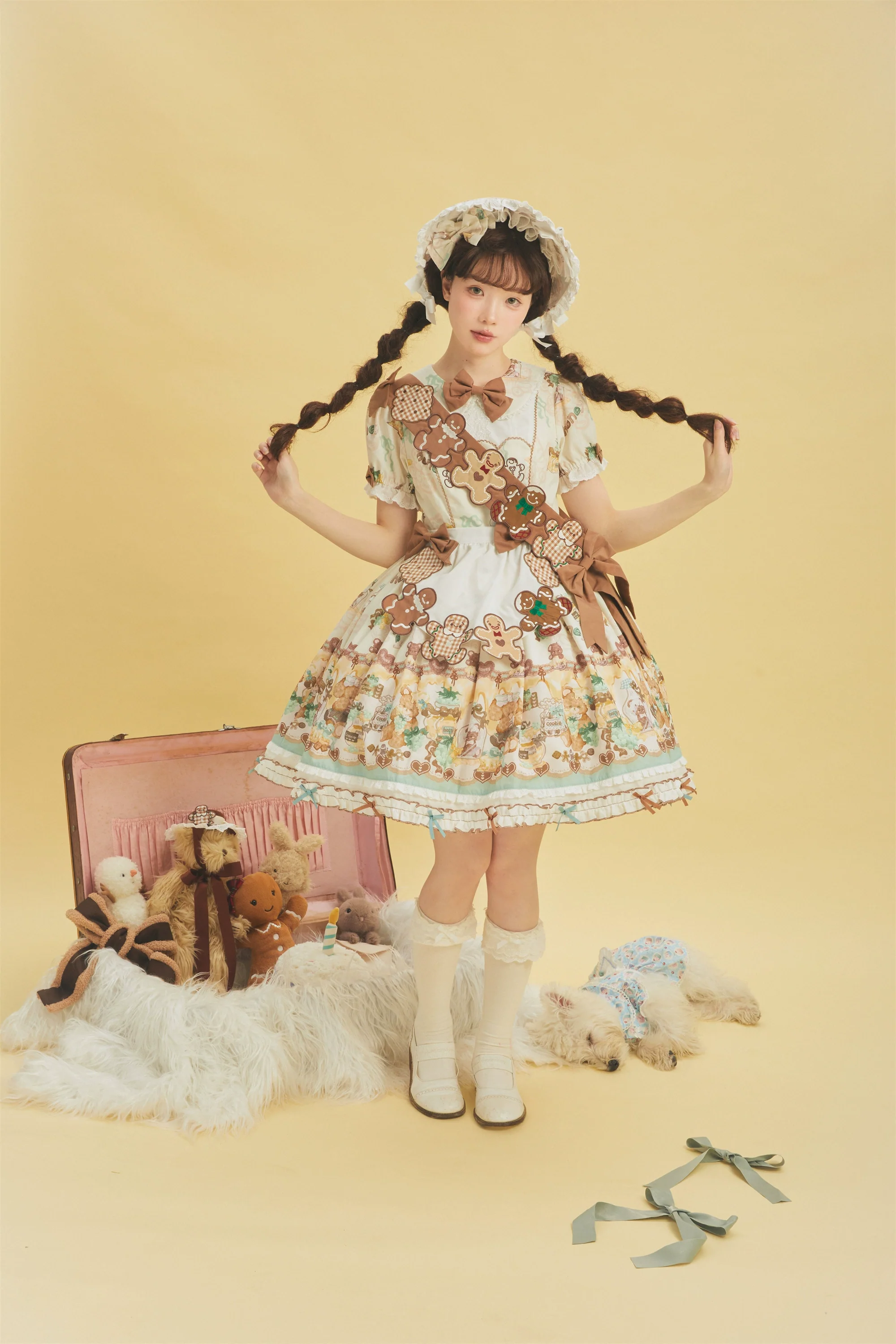 Babyblue - Little Bear Honey Jar - Kawaii Lolita Short Sleeve OP Gingerbread Man Embroidered Dress