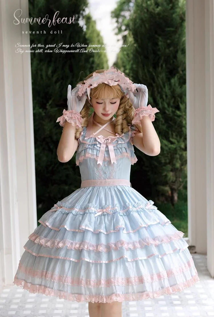 The Seventh Doll - Summer Evening Banquet - Sweet Lolita JSK with Tiered Ruffle Design and Hat