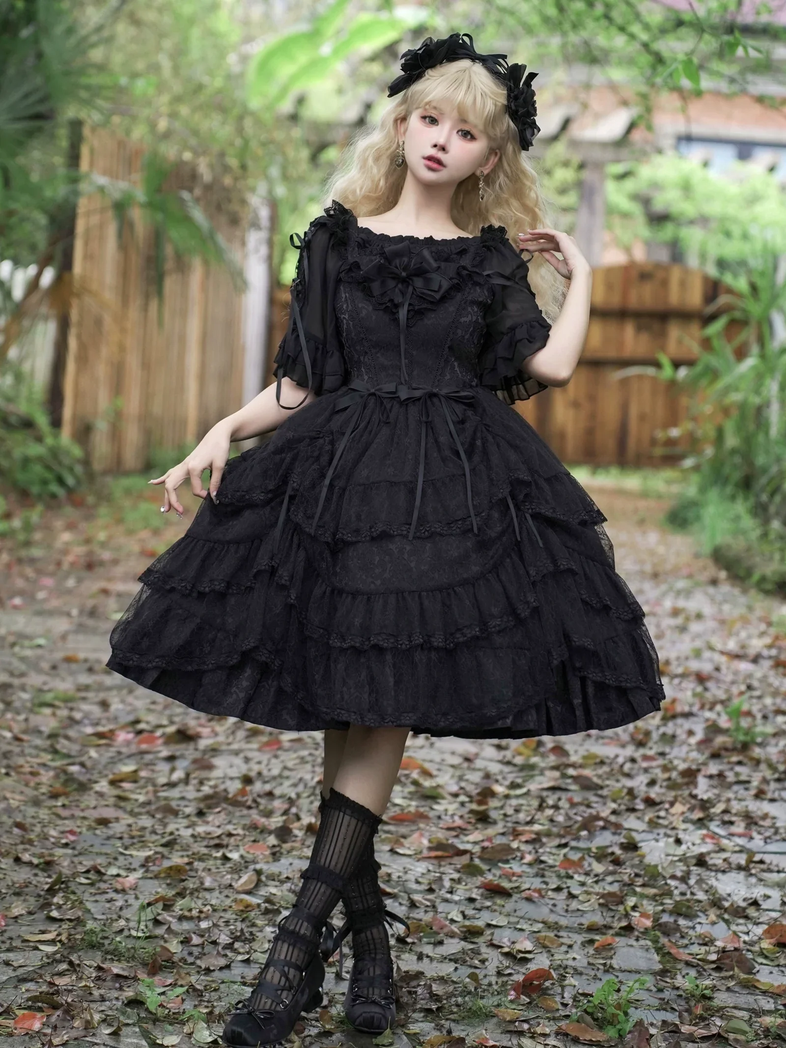 Eieyomi - Iris Love - Elegant Black Lolita JSK Dress, Short Sleeve