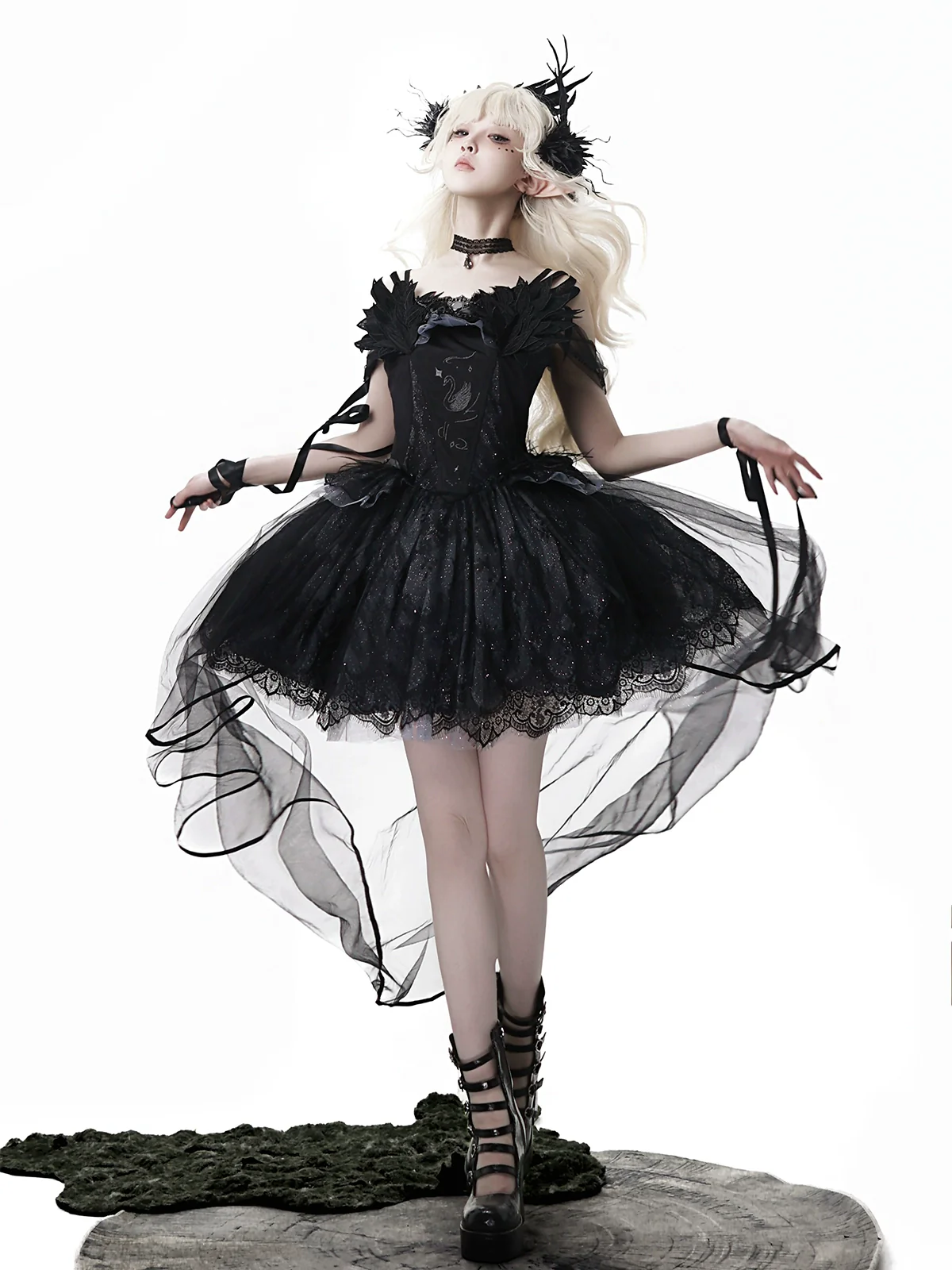Your Princess - Star Swan Dream - Black Gothic Lolita JSK Dress, Swan Embroidery
