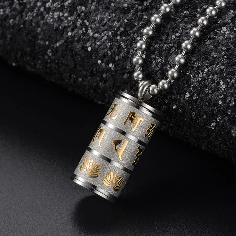 Tibetan Om Mani Padme Hum Lotus Pattern Prayer Wheel Titanium Steel Peace Necklace Pendant