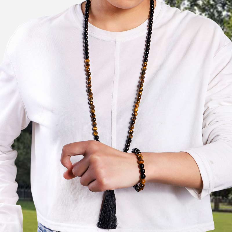 Renbeads Tibetan Black Onyx Tiger Eye Protection Necklace Mala Set