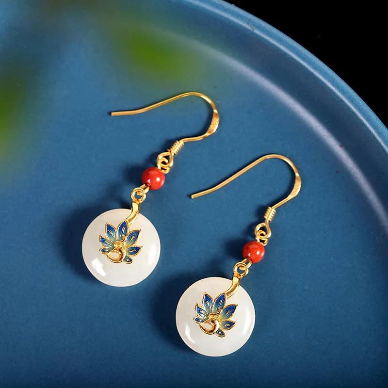 925 Sterling Silver Natural White Jade Peacock Blessing Jewelry Set