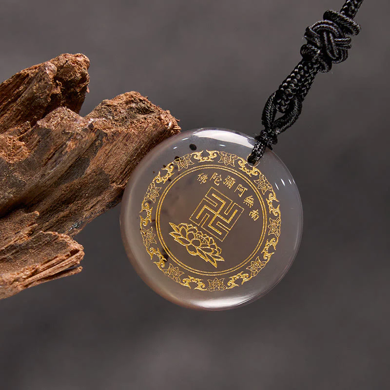 Swastika Lotus Pattern Natural Various Crystal Black Obsidian Purification Necklace Pendant