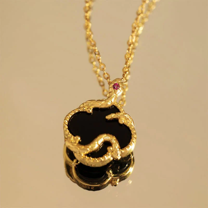 925 Sterling Silver Four Red Agate Black Onyx Leaf Clover Zodiac Blessing Necklace Pendant