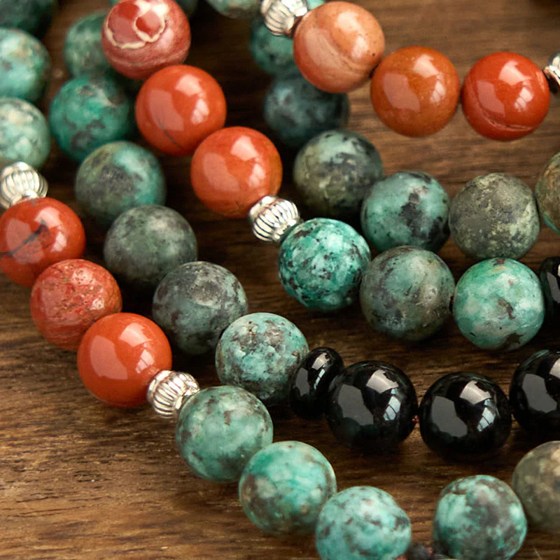 Renbeads 108 Mala Natural Black Onyx Red Jasper Turquoise Beads Buddha Head Tassel Protection Bracelet
