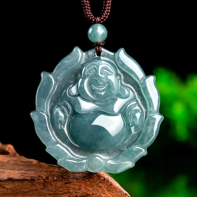 Renbeads Natural Jade Laughing Buddha Lotus Pattern Luck Necklace Pendant