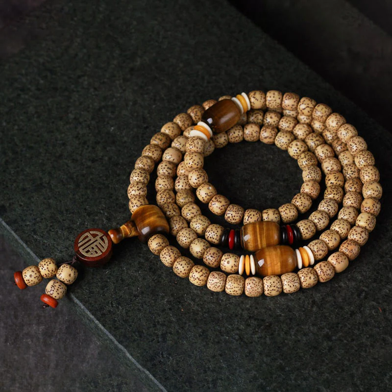 Renbeads 108 Mala Beads Bodhi Seed Tiger's Eye Fu Character Peace Bracelet