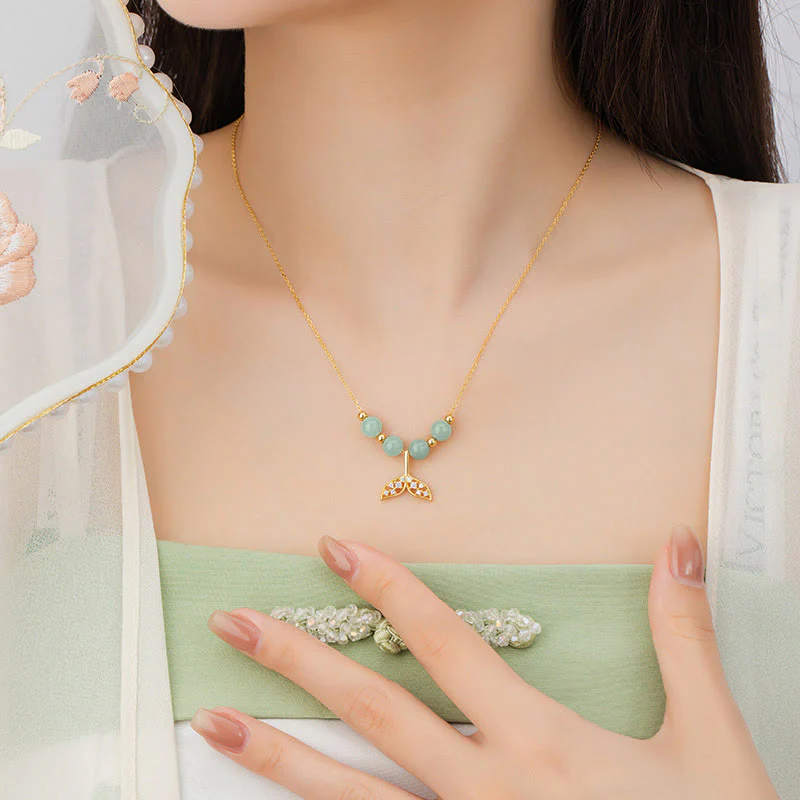 925 Sterling Silver Hetian Jade Bead Fishtail Luck Necklace Pendant