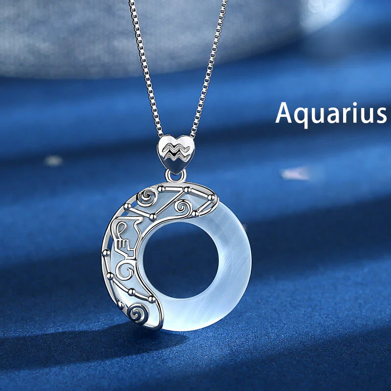 925 Sterling Silver 12 Zodiac Constellations Cat's Eye Love Support Necklace Pendant