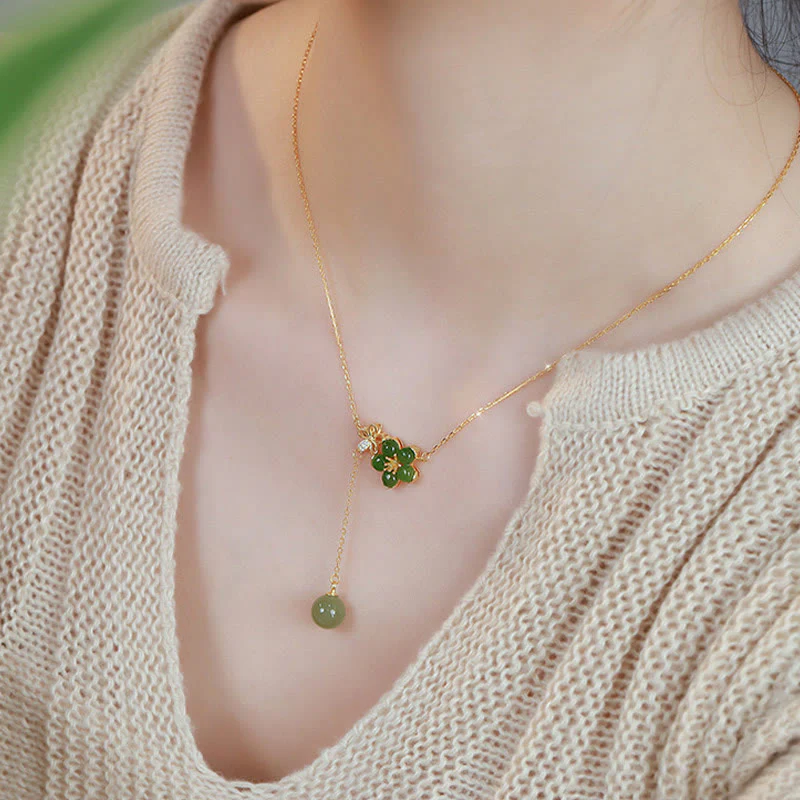 Renbeads 925 Sterling Silver Hetian Cyan Jade Plum Flower Blossom Design Luck Necklace Pendant