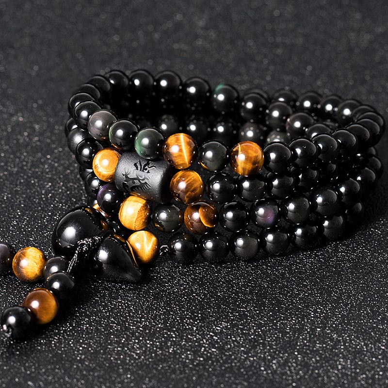 Renbeads Natural Black Obsidian Rainbow Obsidian Gourd Blessing Bracelet Mala