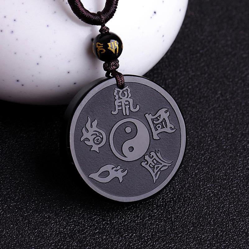 Renbeads Natural Black Obsidian Taoism Five Sacred Mountains Nine-Character Mantra Carved Strength Yin Yang Necklace Pendant Key Chain