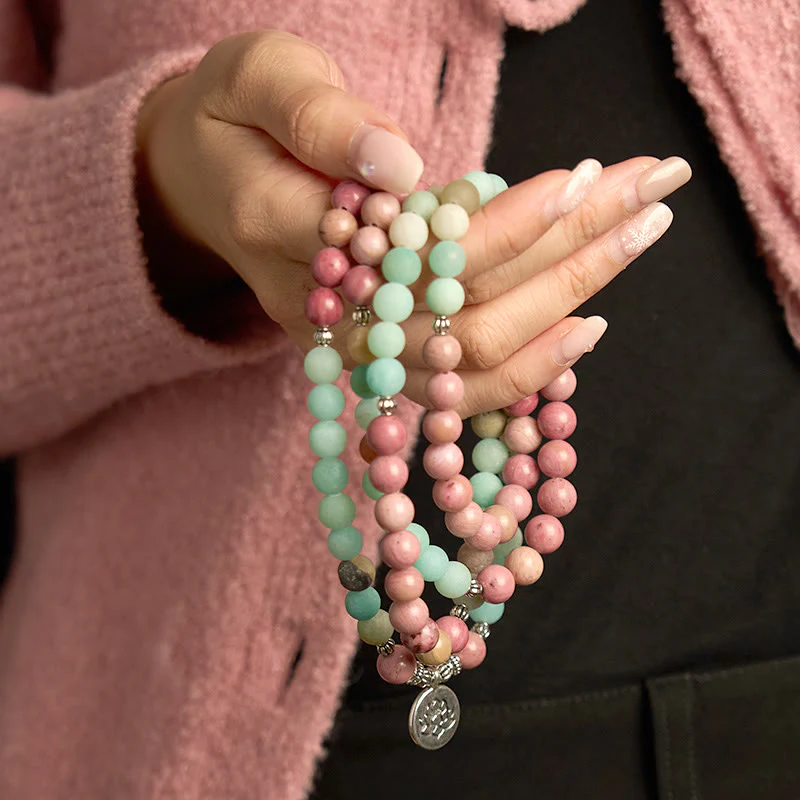 Renbeads 108 Mala Beads Rhodonite Amazonite Lotus Healing Bracelet
