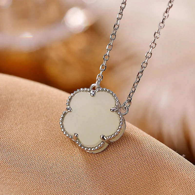 925 Sterling Silver Plated Gold Natural Jade Flower Luck Necklace Pendant Ring Set