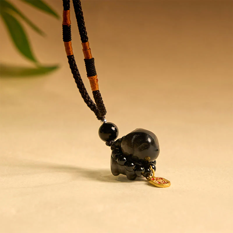 Silver Sheen Obsidian Puppy Dog and Fu Character Protection Necklace and Phone Hanging Decoration