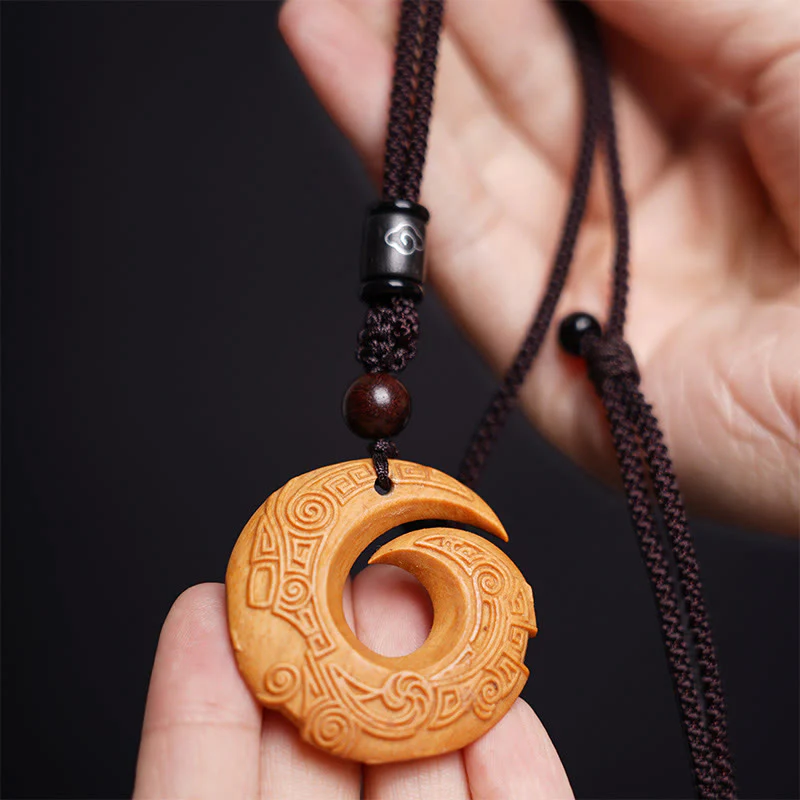 Ebony Wood Sandalwood Good Luck Design Pattern Peace Necklace Pendant