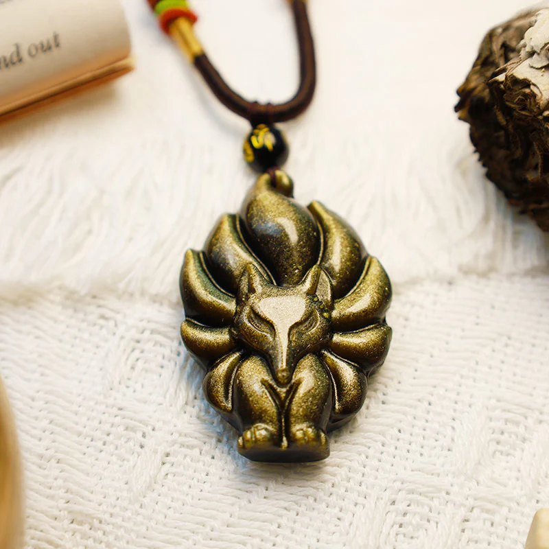 Natural Rainbow Obsidian Gold Sheen Obsidian Nine-Tailed Fox Positive Necklace Pendant