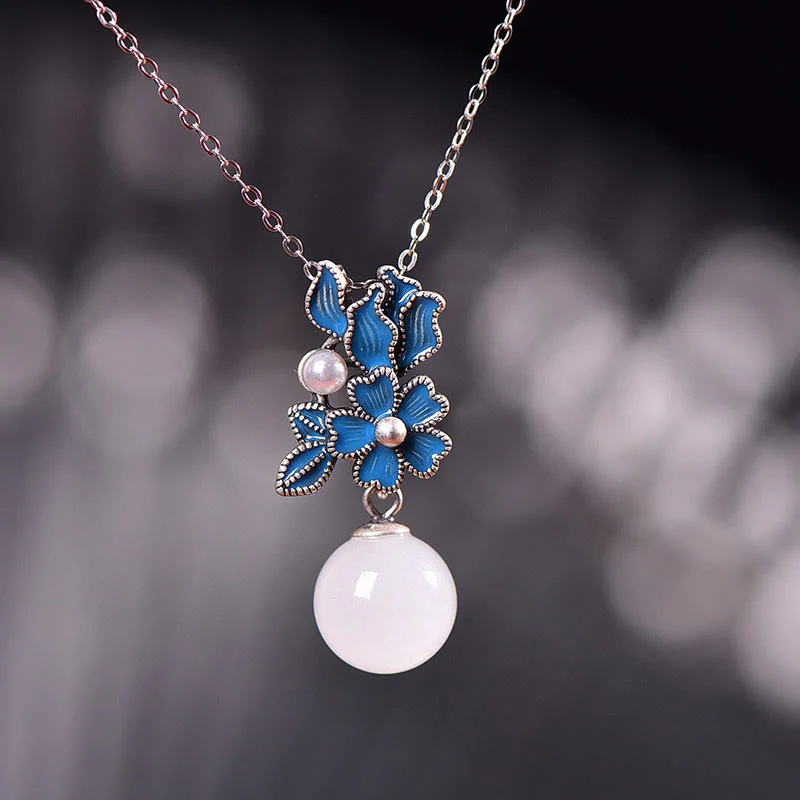 White Jade 925 Sterling Silver Pearl Flower Blessing Necklace Pendant Ring Earrings