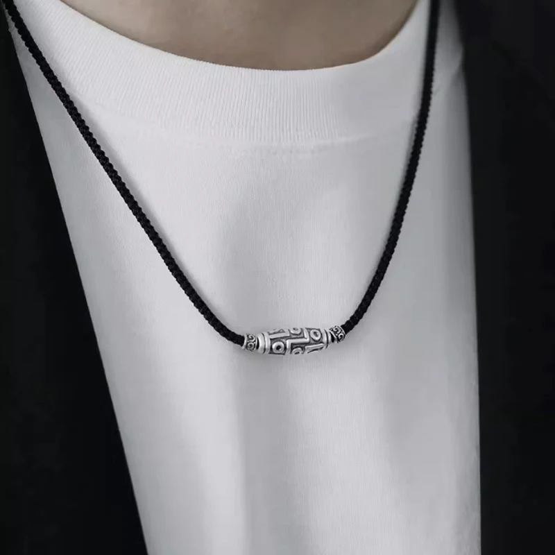 999 Sterling Silver Nine Eye Dzi Bead Pattern Protection Rope Necklace Pendant