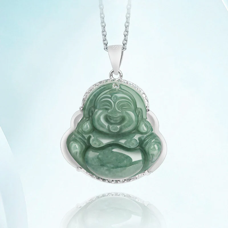 Renbeads 925 Sterling Silver Laughing Buddha Jade Abundance Necklace Chain Pendant