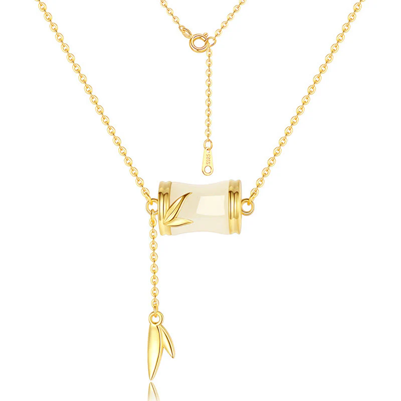 Renbeads 925 Sterling Silver 22K Gold Hetian White Jade Bamboo Leaf Luck Necklace Pendant Bracelet