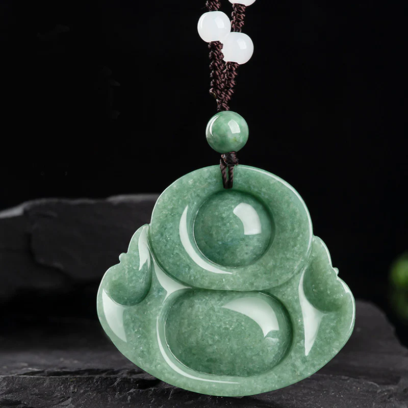 Renbeads Laughing Buddha Cyan Jade Harmony Necklace String Bead Pendant