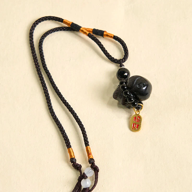 Silver Sheen Obsidian Puppy Dog and Fu Character Protection Necklace and Phone Hanging Decoration