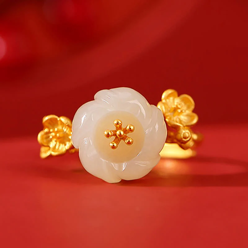 925 Sterling Silver Plated Gold Hetian Jade Plum Blossom Luck Jewelry Set