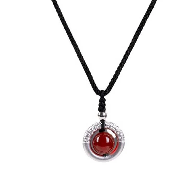 Renbeads 999 Sterling Silver Red Agate Peace Buckle Blessing Necklace Pendant