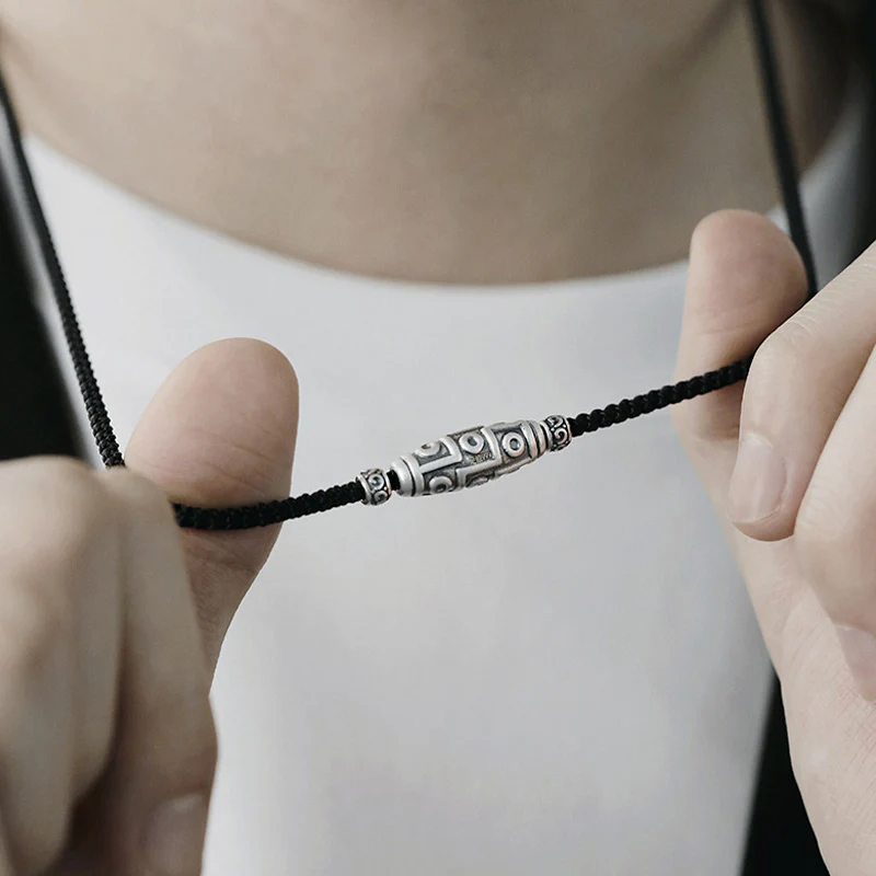 999 Sterling Silver Nine Eye Dzi Bead Pattern Protection Rope Necklace Pendant