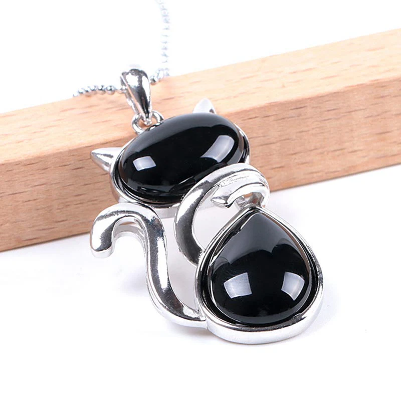 Cute Cat Pattern Natural Crystal Protection Pendant Necklace