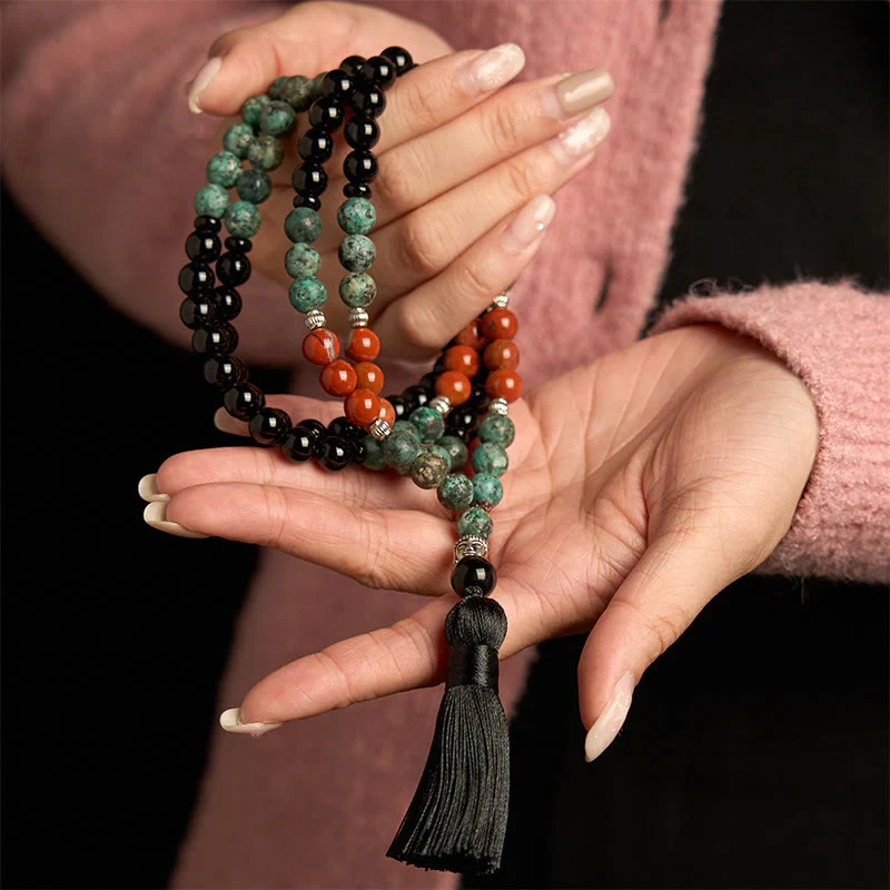Renbeads 108 Mala Natural Black Onyx Red Jasper Turquoise Beads Buddha Head Tassel Protection Bracelet