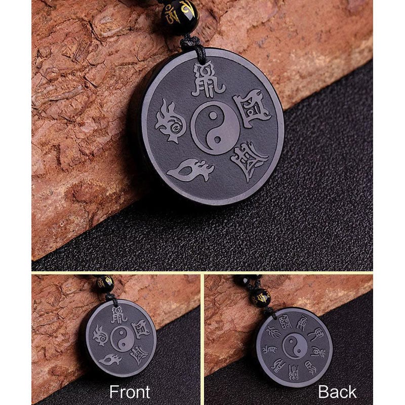 Renbeads Natural Black Obsidian Taoism Five Sacred Mountains Nine-Character Mantra Carved Strength Yin Yang Necklace Pendant Key Chain