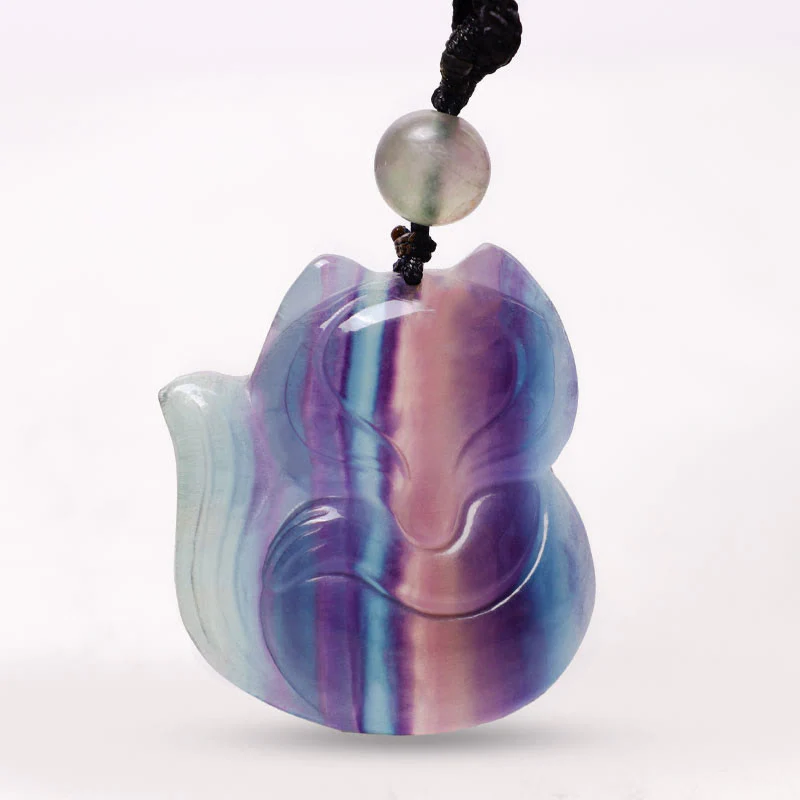 Natural Fluorite Gold Sheen Obsidian Fox Pendant Protection Necklace