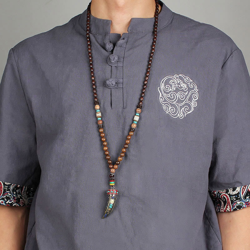 Tibetan Wenge Wood Om Mani Padme Hum Mantra Horn Pattern Protection Necklace Pendant