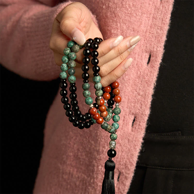 Renbeads 108 Mala Natural Black Onyx Red Jasper Turquoise Beads Buddha Head Tassel Protection Bracelet