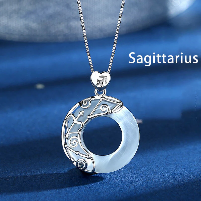 925 Sterling Silver 12 Zodiac Constellations Cat's Eye Love Support Necklace Pendant