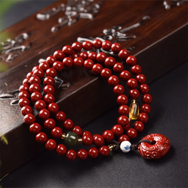 Renbeads Tibetan Cinnabar Peace Buckle Triple Wrap Blessing Bracelet Mala
