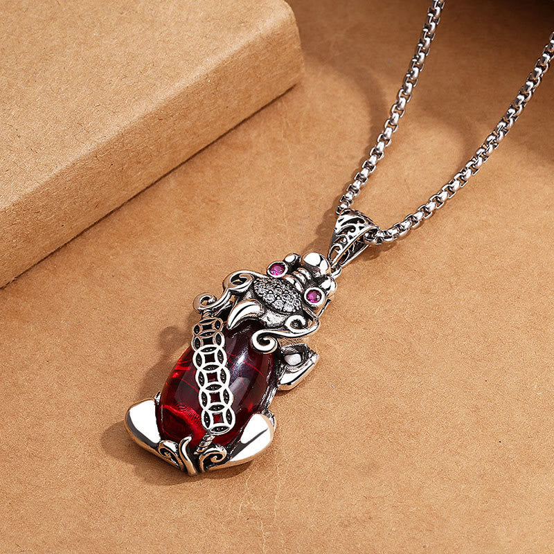 Renbeads PiXiu Garnet Copper Coin Wealth Luck Necklace Pendant