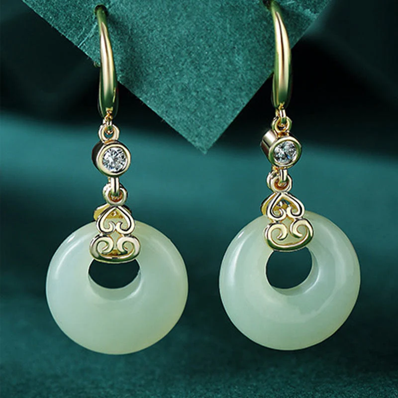 925 Sterling Silver Natural Jade Gourd Peace Buckle Zircon Luck Bracelet Necklace Pendant Earrings