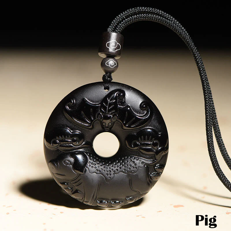 Chinese Zodiac Natural Black Obsidian Peace Buckle Strength Necklace Pendant