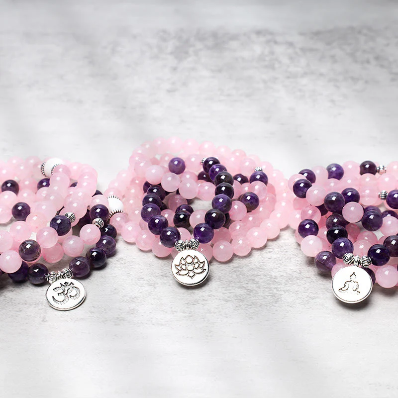 Renbeads Natural Rose Quartz & Amethyst Mala Bead Lotus Pendant Bracelet