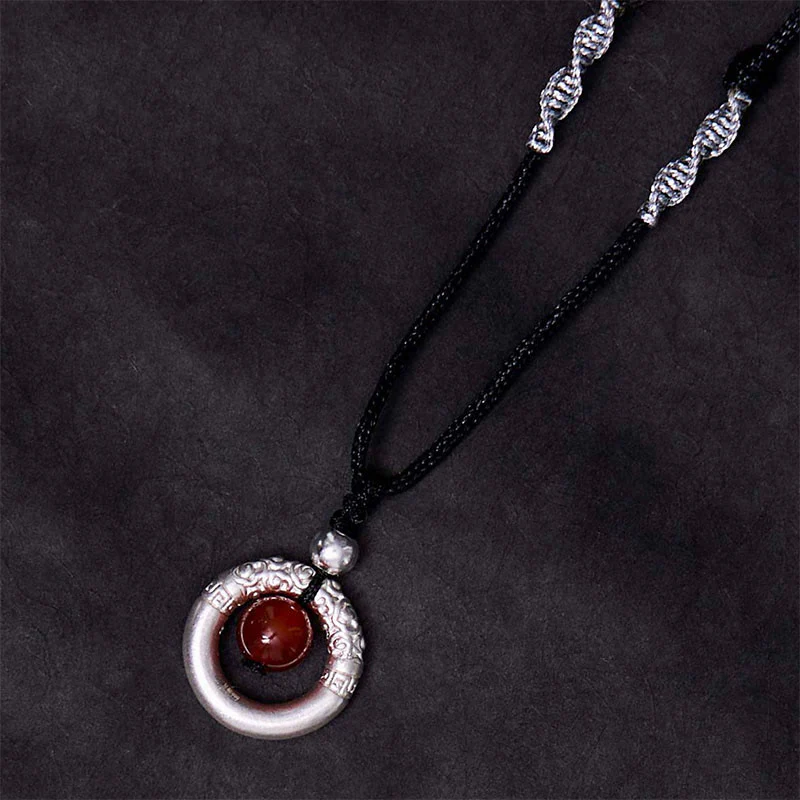 Renbeads 999 Sterling Silver Red Agate Peace Buckle Blessing Necklace Pendant