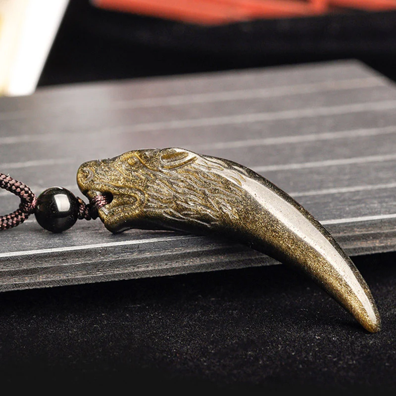 Natural Black Obsidian Ice Obsidian Rainbow Obsidian Wolf Tooth Pattern Necklace Pendant