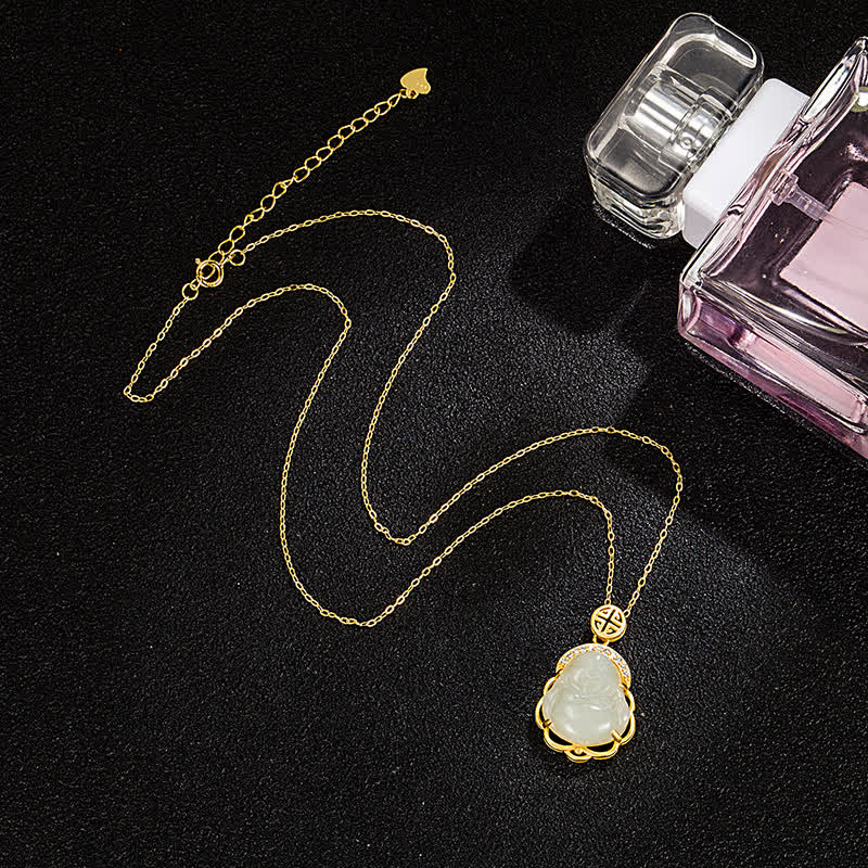 Renbeads 925 Sterling Silver Laughing Buddha Hetian White Jade Protection Necklace Pendant