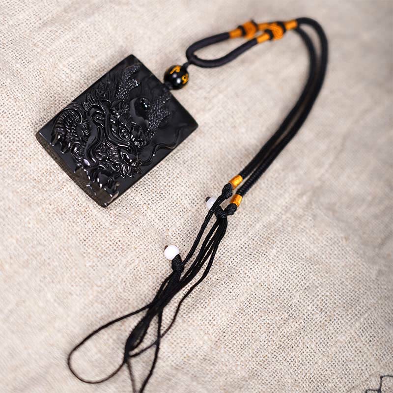 Natural Black Obsidian Rectangular Dragon Engraved Necklace Pendant