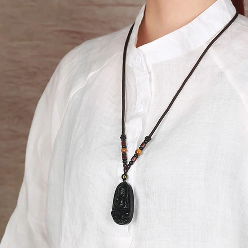 Chinese Zodiac Buddha Natural Black Obsidian Purification Necklace Pendant