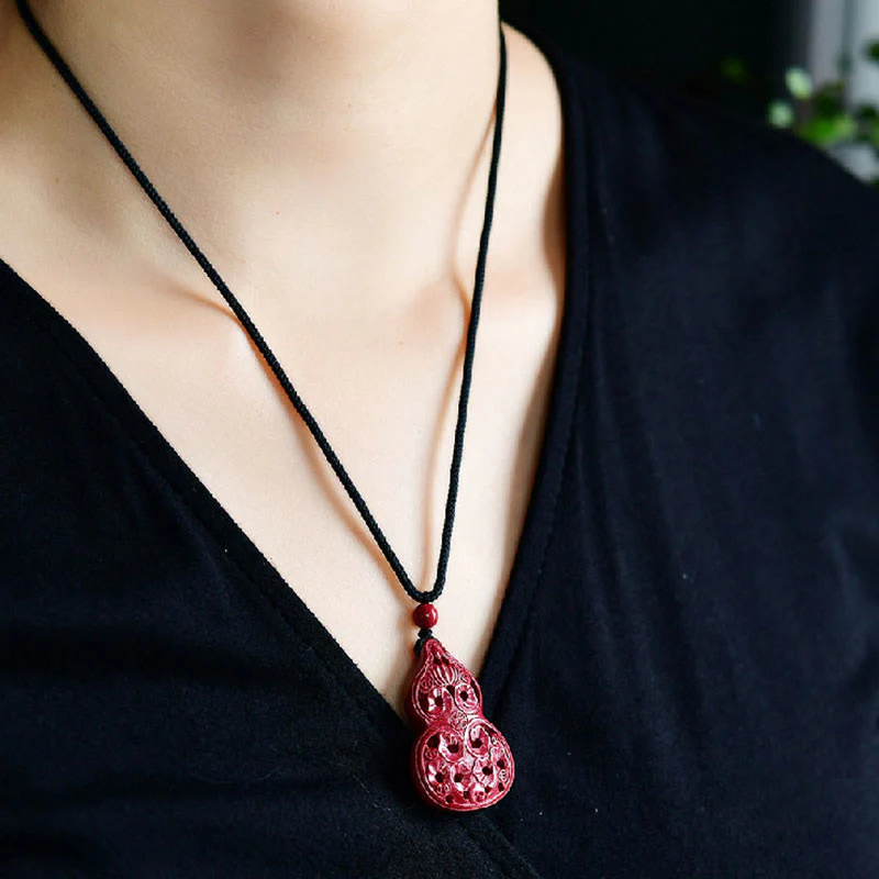 Laughing Buddha Yin Yang Chinese Zodiac Gourd Natural Cinnabar Blessing Necklace Pendant